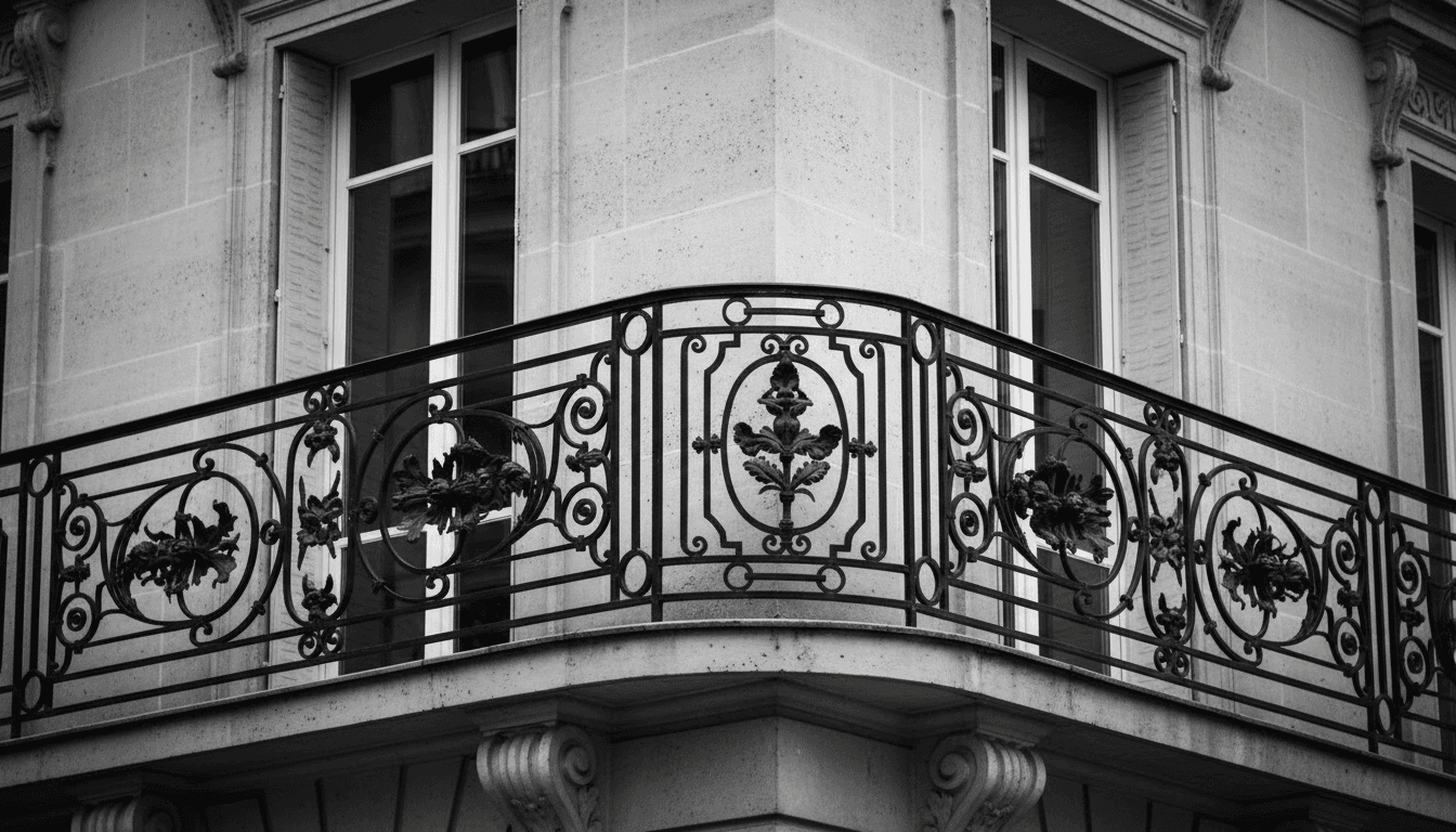 Détail d'architecture haussmannienne, fer forgé et pierre de taille