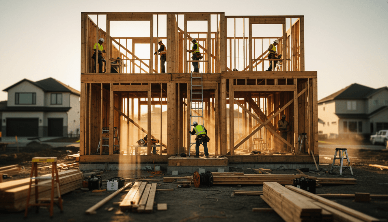 Chantier de promotion immobilière en région parisienne, charpente en bois en cours d'assemblage
