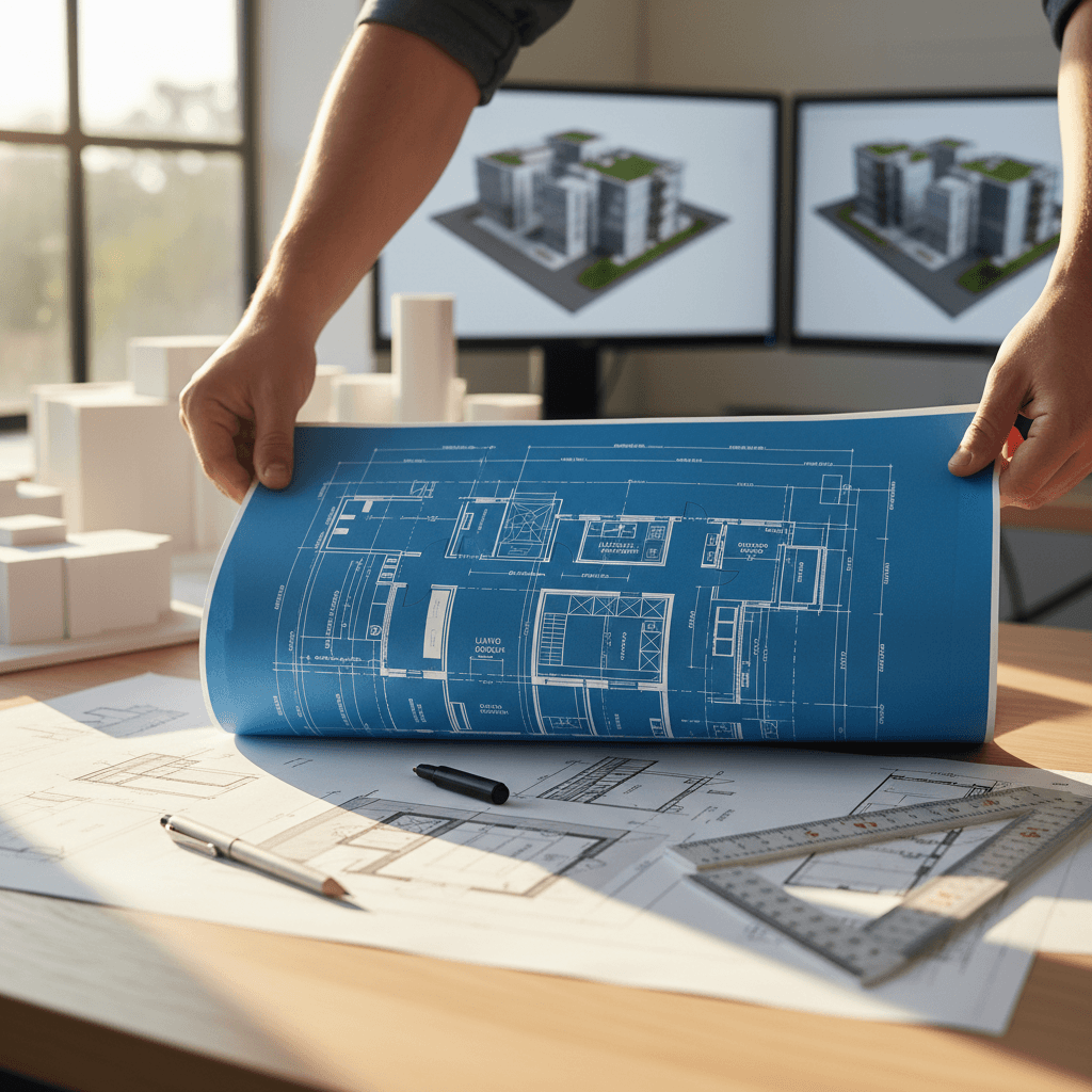Plans d'architecte et outils de mesure sur une table en bois dans un cabinet professionnel